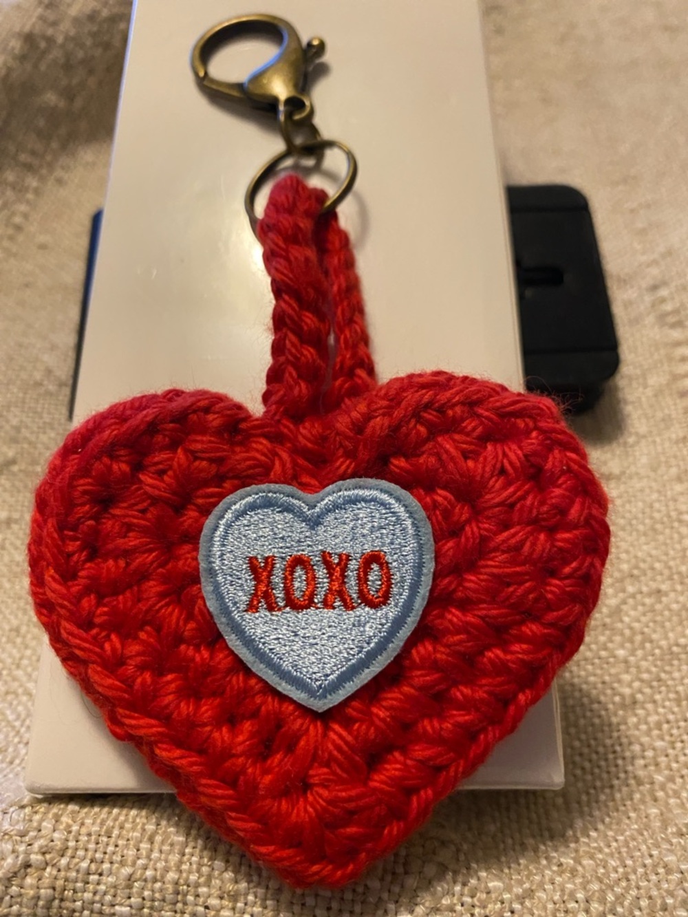 Handmade Red Crochet Heart Keychain with XOXO Patch
